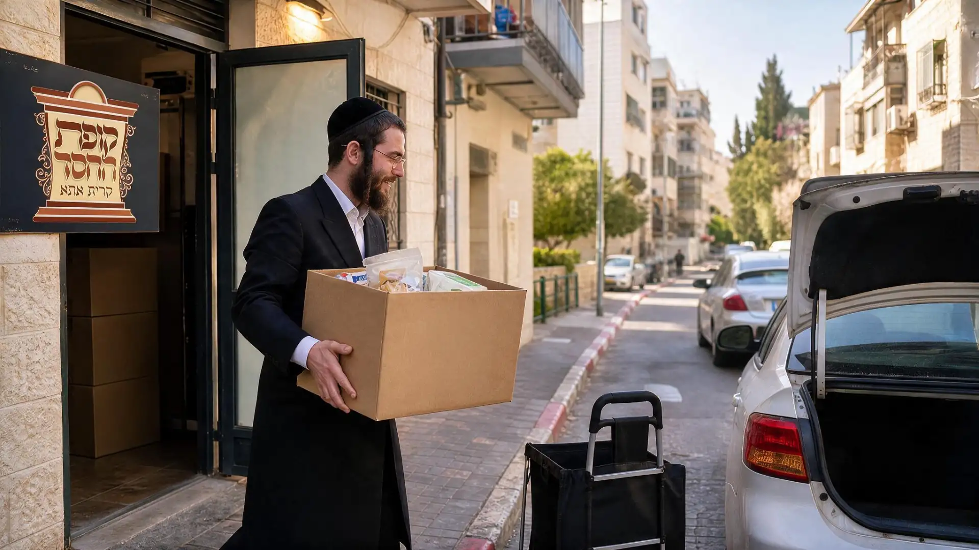 מתנדב מגיע לפתח דלת של משפחה עם חבילת מזון מקופת החסד
